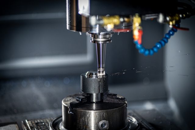 5-Axis CNC milling machine cutting an aerospace component with coolants